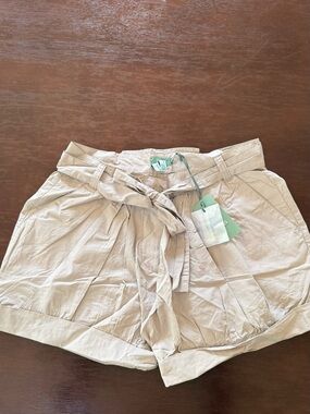 High-Waist Paperbag Shorts with Self-Tie Belt in Beige